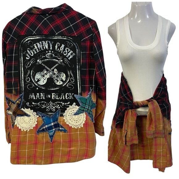 Upcycled Flannel Shirt Shacket Womens 1X Country Music Grunge Patchwork Folk Art - Picture 1 of 10